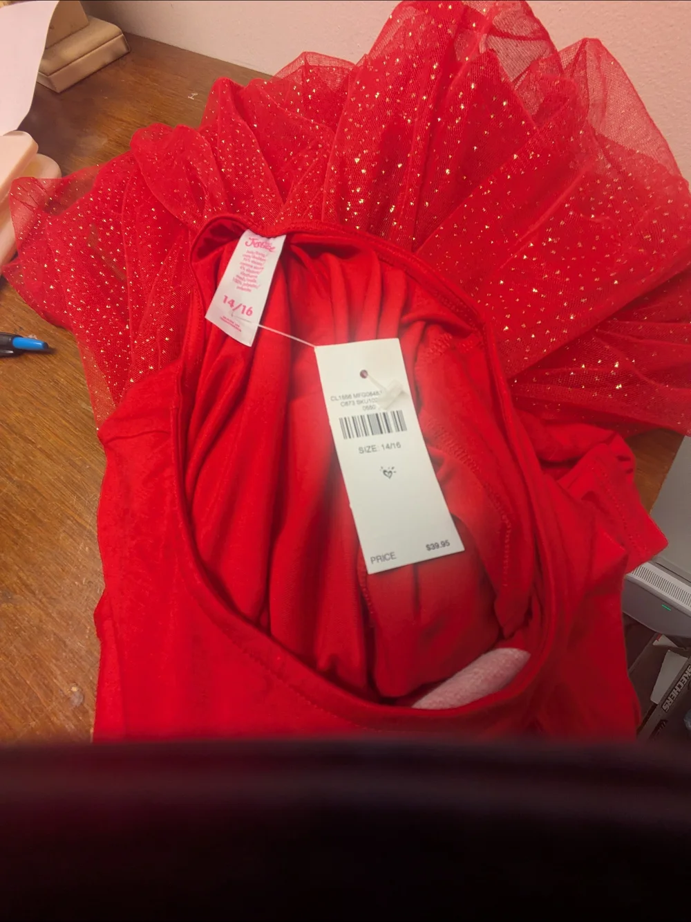 Justice Girls 14/16 Red Sparkle Reindeer Holiday Tulle Dress Pullover Waist Tie